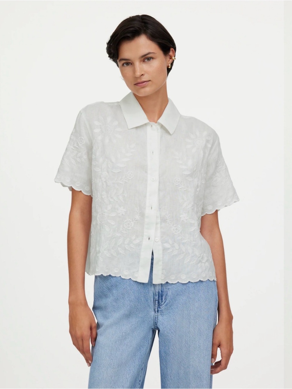 Madewell White Linen Embroidered Floral Button Front Boxy Shirt Blouse Medium